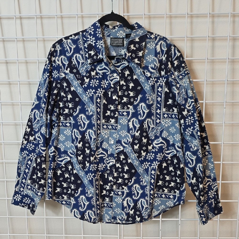 Roughrider Women's‎ Western Print Snap Front Blue And White Patterned Shirt